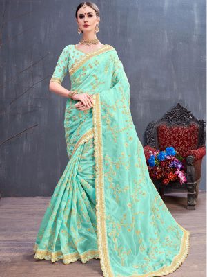 Rang Roop Turquoise Organza Coding Sequence Embroidered Party Wear Designer Saree