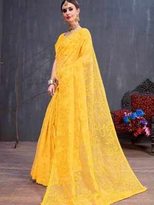 Rang Roop Yellow Organza Resham Embroidered Party Wear Designer Saree