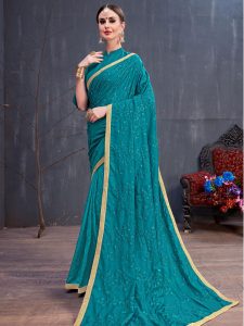 Rang Roop Teal Blue Soft Cotton Resham Embroidered Party Wear Designer Saree