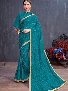 Rang Roop Teal Blue Soft Cotton Resham Embroidered Party Wear Designer Saree