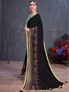 Black Georgette Rubber Foil & Fancy Lace Work Party Wear Designer Saree