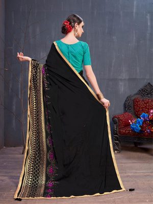 Black Georgette Rubber Foil & Fancy Lace Work Party Wear Designer Saree