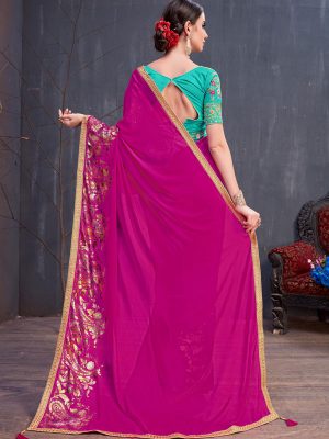Rang Roop Dark Pink Georgette Rubber Foil & Fancy Lace Work Party Wear Designer Saree