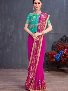 Rang Roop Dark Pink Georgette Rubber Foil & Fancy Lace Work Party Wear Designer Saree