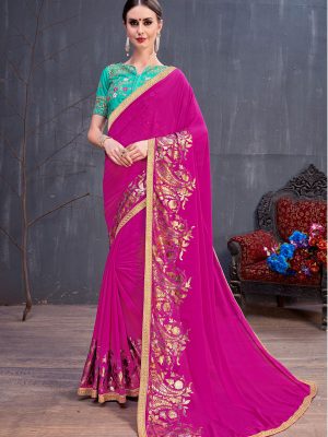 Rang Roop Dark Pink Georgette Rubber Foil & Fancy Lace Work Party Wear Designer Saree