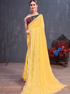 Rang Roop Yellow Georgette Rubber Foil & Fancy Lace Work Party Wear Designer Saree
