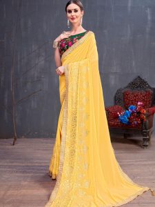 Rang Roop Yellow Georgette Rubber Foil & Fancy Lace Work Party Wear Designer Saree