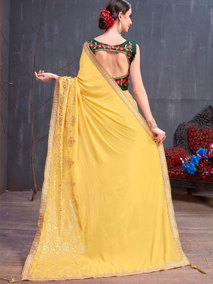 Rang Roop Yellow Georgette Rubber Foil & Fancy Lace Work Party Wear Designer Saree