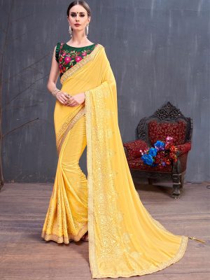 Rang Roop Yellow Georgette Rubber Foil & Fancy Lace Work Party Wear Designer Saree