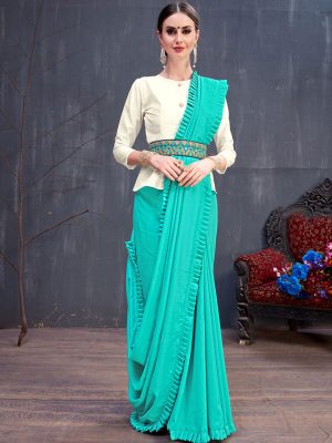 Rang Roop Sky Blue Soft Cotton Plain Party Wear Designer Saree