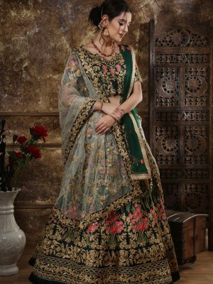 Guldasta Taffeta Satin Green Bridal Net Festive Lehenga Choli