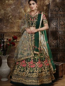 Guldasta Taffeta Satin Green Bridal Net Festive Lehenga Choli