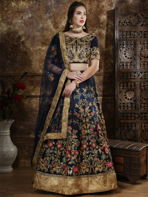 Guldasta Thai Silk Navy Bridal Net Festive Lehenga Choli - Zakarto