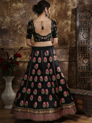 Designer Phantom Silk Thread and zari Embroidered work Black Festive Lehenga Choli