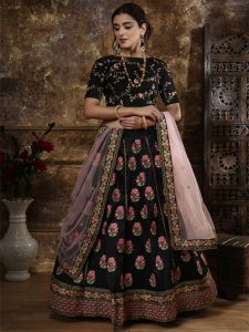 Designer Phantom Silk Thread and zari Embroidered work Black Festive Lehenga Choli