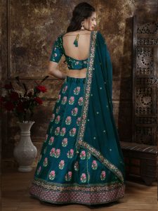 Designer Thai Silk Thread and zari Embroidered work Teal Blue Festive Lehenga Choli