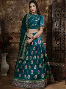 Designer Thai Silk Thread and zari Embroidered work Teal Blue Festive Lehenga Choli