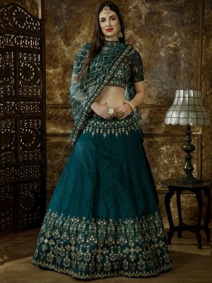 Designer Taffeta Satin Zari and sequence embroidered work Teal Green Festive Lehenga Choli