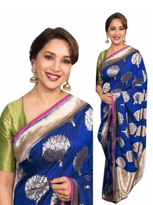 Madhuri Dixit Blue Colour Nylon Silk Foile Print Bollywood Designer Sarees
