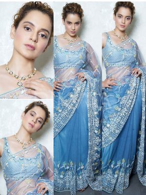 Kangana Ranaut Light Blue Colour Nylon Net Bollywood Designer Sarees