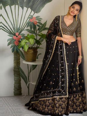 Taffeta Silk Black Colour Bollywood Lehenga