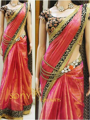 Paper Silk Georgette Pink Colour Thread Work Bollywood Sarees