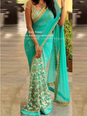 Nylon Net Blue Green Colour Thread Work Bollywood Sarees