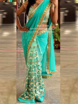 Nylon Net Blue Green Colour Thread Work Bollywood Sarees