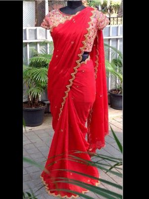 Georgette Silk Red Colour Thread Work Bollywood Sarees