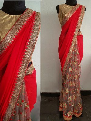 Nylon Net Orange Colour Sequence & Multi Work Bollywood Sarees
