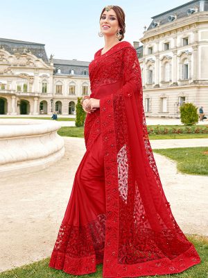 60Gm Georgette Silk & Nylon Silk Red Colour Thread Work Bollywood Sarees