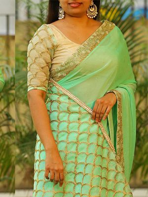 Marbal Silk Parrot Green Colour Thread & Multi Work Bollywood Sarees