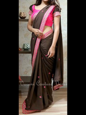 Muslin Silk Brown & Pink Colour Thread & Multi Work Bollywood Sarees