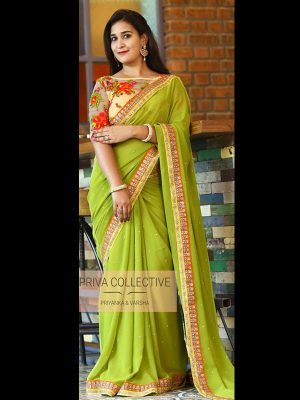 Georgette Silk Green Colour Thread & Multi Work Bollywood Sarees