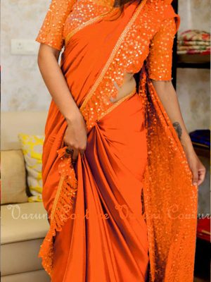 Nylon Net & Paper Silk Orange Colour Sequence Work Bollywood Sarees