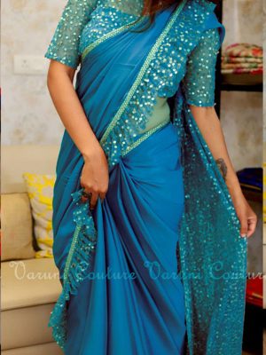Nylon Net & Paper Silk Elegant Blue Colour Sequence Work Bollywood Sarees