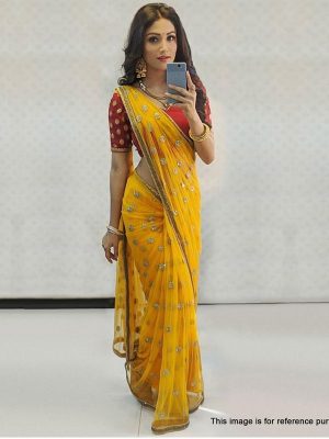 Eye-Catching Yellow Colour Pure Organza Silk Bollywood Designer Sarees