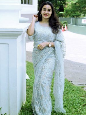 Special Premium Light Blue Colour Nylon Net Bollywood Designer Sarees