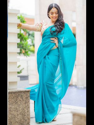 Georgette Silk Sky Blue Colour Thread & Multi Work Bollywood Sarees
