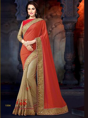 Orange & Beige Colour Rassal Net Jacquard Georgette Bollywood Designer Sarees