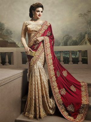 Rasal Net Georgette Maroon And Beige Colour Thread & Multi Work Bollywood Sarees