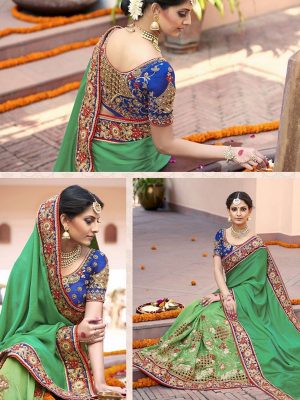 Tow Tone Satin Georgette Silk Green Colour Multi Work Bollywood Sarees