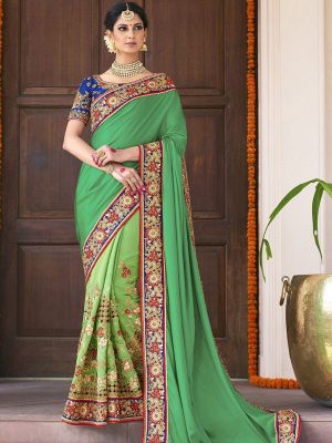 Tow Tone Satin Georgette Silk Green Colour Multi Work Bollywood Sarees