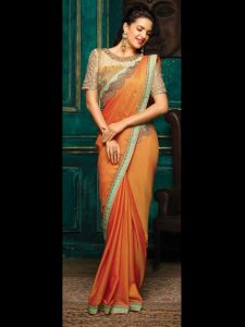 Golden Silk Orange Colour Thread & Multi Work Bollywood Sarees
