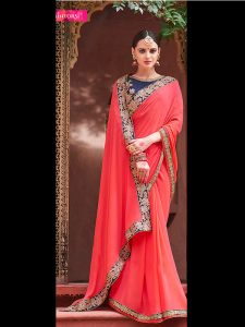 Moss Chiffon Silk Pink And Blue Colour Thread & Multi Work Bollywood Sarees