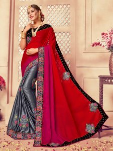 Silk Red & Grey Embroidered Half & Half Saree