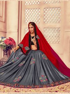 Silk Red & Grey Embroidered Half & Half Saree