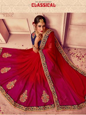 Desirable Red-Pink Colored Party Wear Embroidered Silk Saree