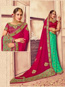 Georgette Pink & Green Embroidered Half & Half Saree