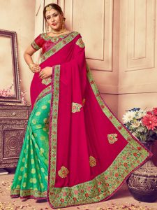 Georgette Pink & Green Embroidered Half & Half Saree